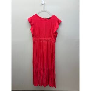 For Cynthia Red Linen Blend Flutter Sleeve Dress | Size Large | Midi Dress